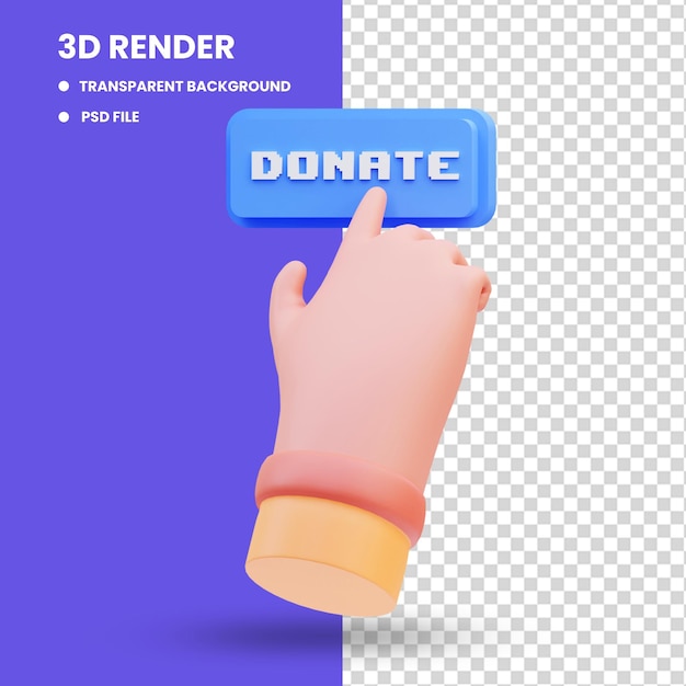 3d render icono ilustración mano presionando el botón de donación en línea, día de la caridad