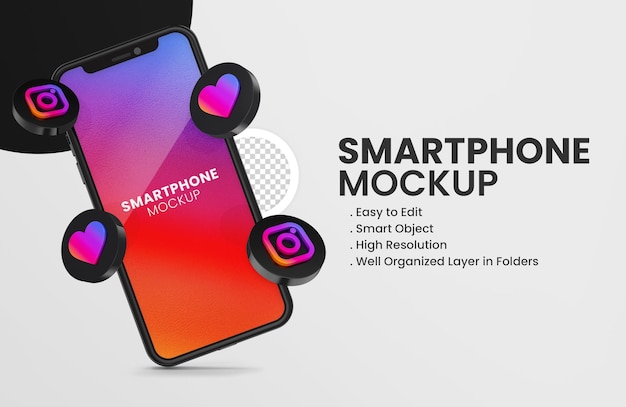 3d render icono de instagram en maqueta de teléfono inteligente negro