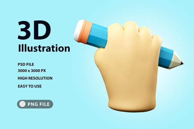 PSD 3d render icono mano sujetando lápiz