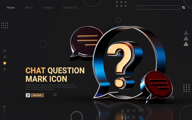 3D Render icono de mensaje de signo de interrogación metálico dorado sobre fondo oscuro concepto para pedir información