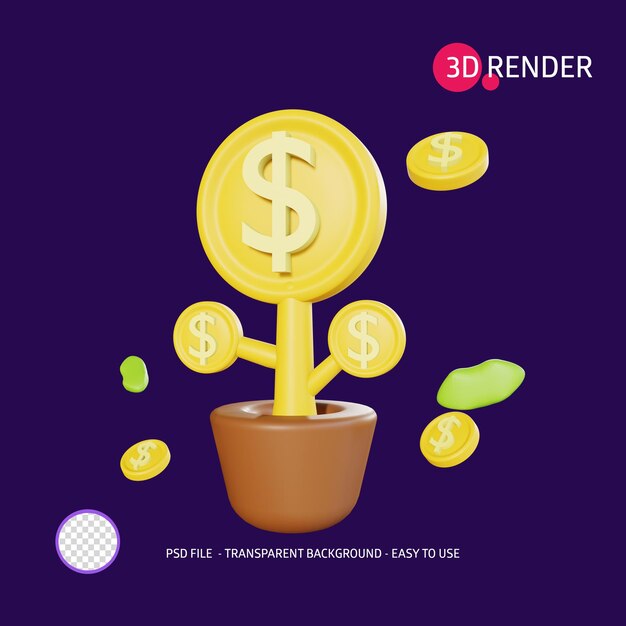 3d render icono planta dólar