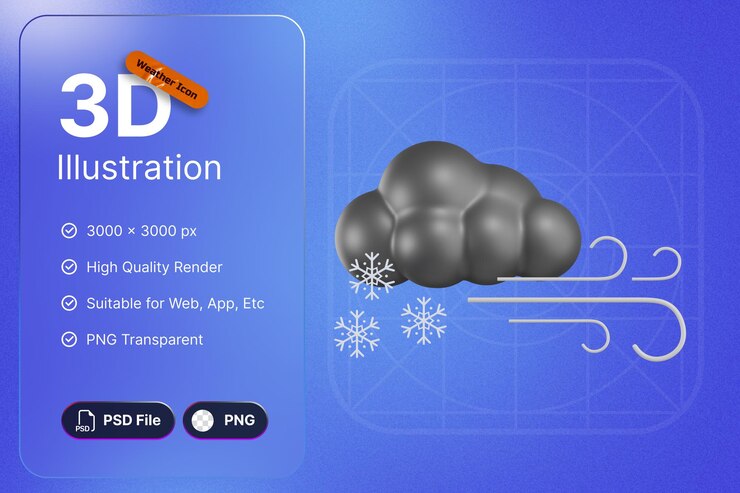 PSD 3d render iconos meteorológicos nublados con viento y nieve para aplicaciones de diseño de pronósticos y web