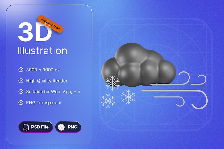 PSD 3d render iconos meteorológicos nublados con viento y nieve para aplicaciones de diseño de pronósticos y web