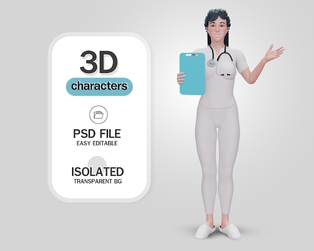 3d render.Il personaggio dei cartoni animati del dottore mostra appunti con carta bianca.