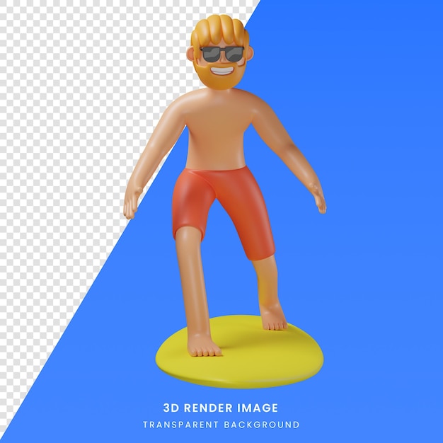 3d-render-illustration cartoon-figur des mannes beim surfen