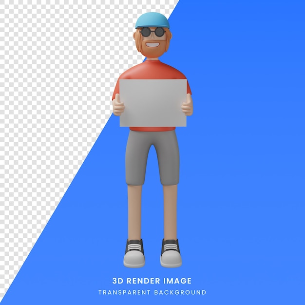 3d-render-illustration cartoon-figur des mannes mit brille und hut mit papier