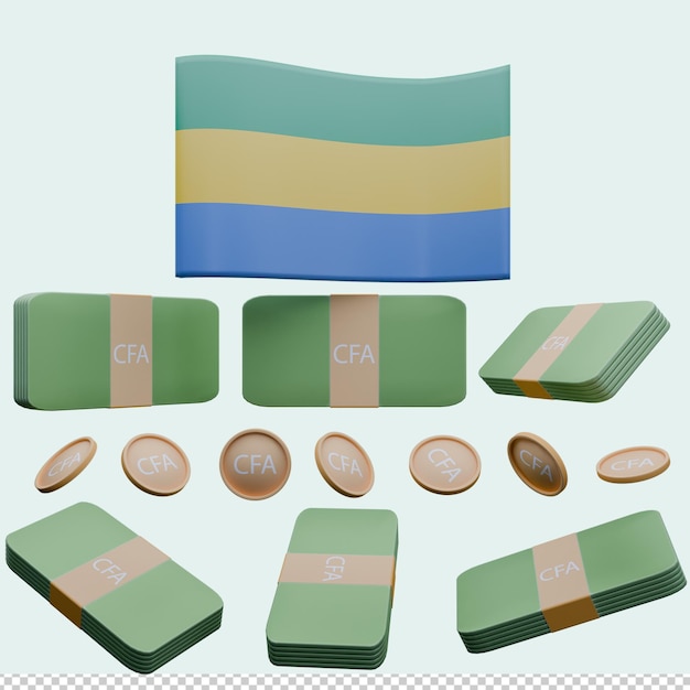 3D-Render-Illustration der Gabon-Flagge und der CFA-Franc-Währung