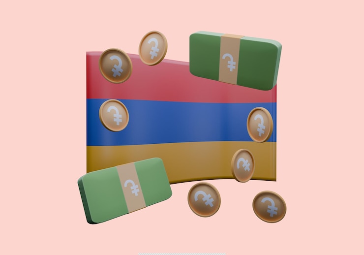 PSD 3d render illustration of armenia flag and currency called dram