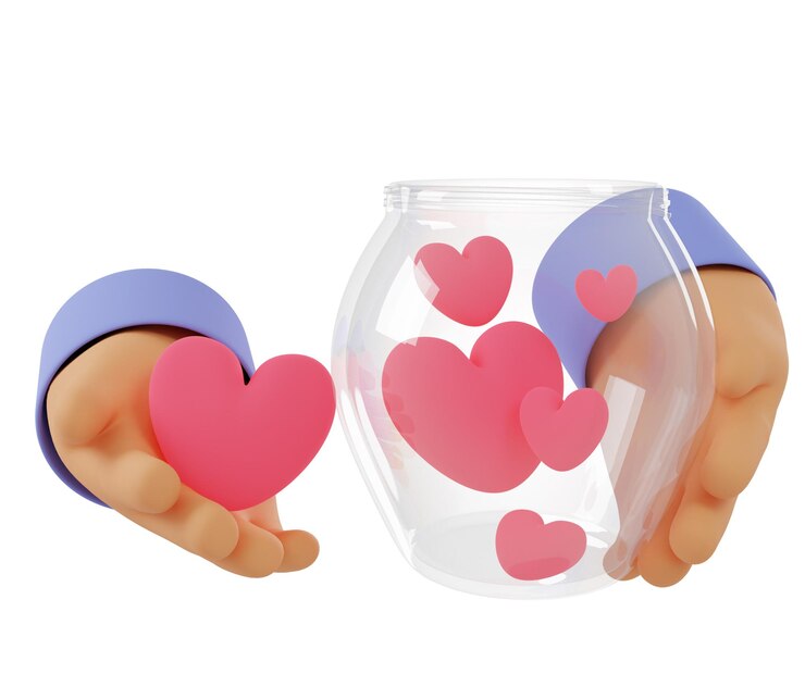 PSD 3d render illustration of hand holding a jar with hearts and hand holding a hart cartoon style