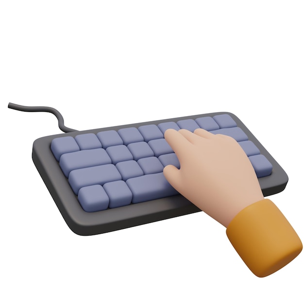 3d render illustration of human hand typing on computer keyboard with cable Technology concept