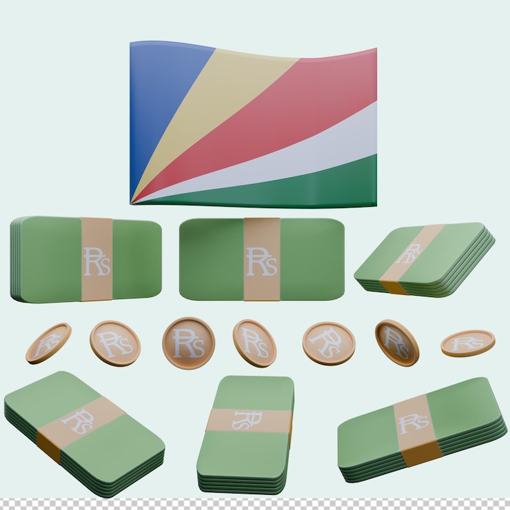 PSD 3d render illustration of seychelles flag and currency called rupee