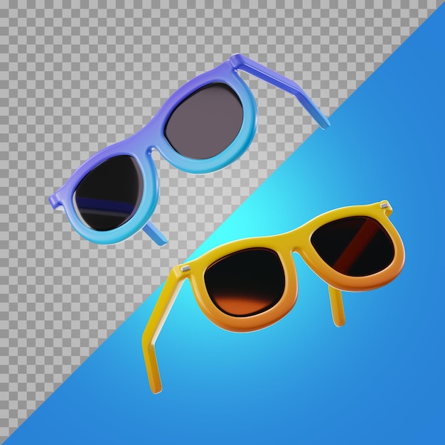 3D-Render-Illustration Sonnenbrille mit blauem und gelbem Rahmen und metallischen Details