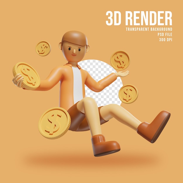 PSD 3d-render-illustration süßer charakter mit dollarmünze
