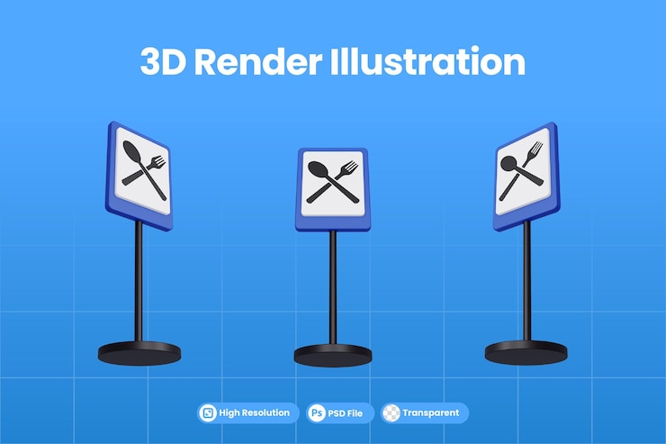 PSD 3d render illustration traffic signs of restaurant shop