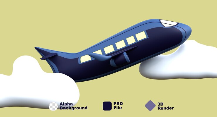 PSD 3d render illustration viaggio in aereo viaggio in volo con nuvole in aria