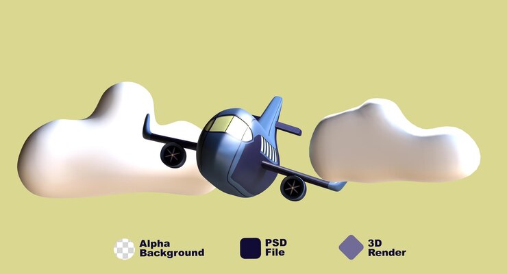 PSD 3d render illustration viaggio in aereo viaggio in volo con nuvole in aria