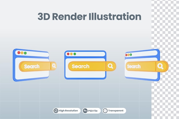 3D-Render-Illustration Website-Seite mit isoliertem Suchbrowser-Symbol