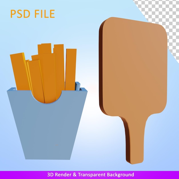 PSD 3d render ilustração batata frita e jogo americano