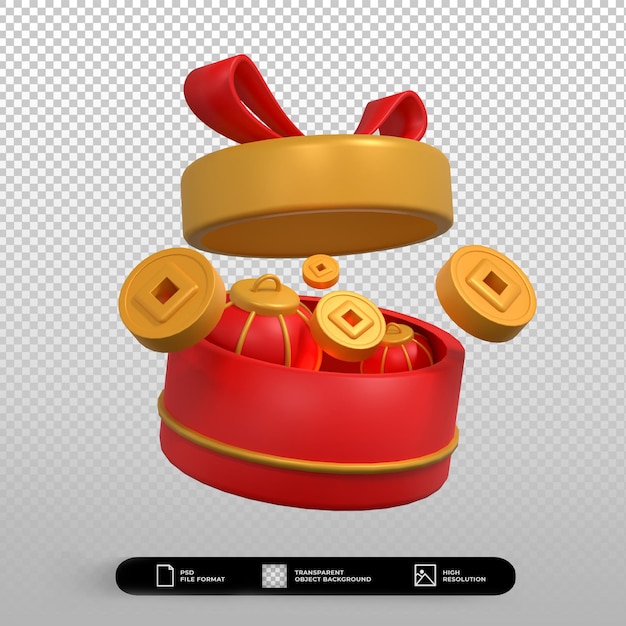 3d render ilustração caixa de presente aberta de ano novo chinês com moeda de ouro e ícone de lanterna vermelha isolado