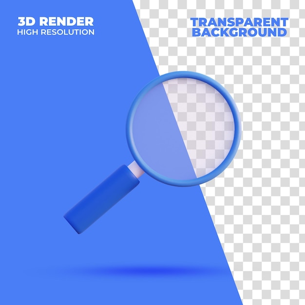 3d render ilustração com lupa azul vista frontal isolada