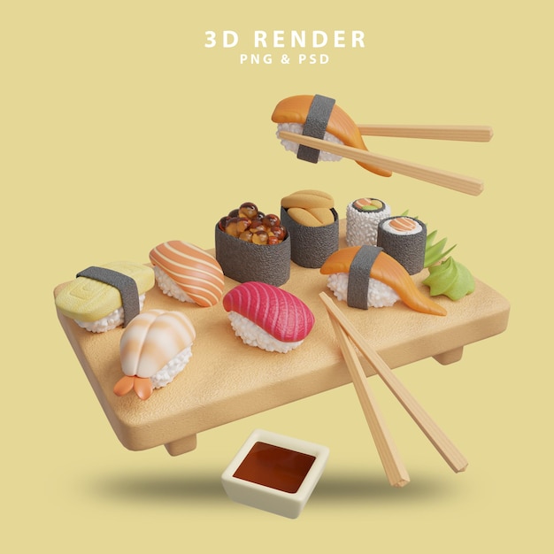 PSD 3d render ilustração de comida para cozinha japonesa ou restaurante de sushi para fazer menu com nigiri chique