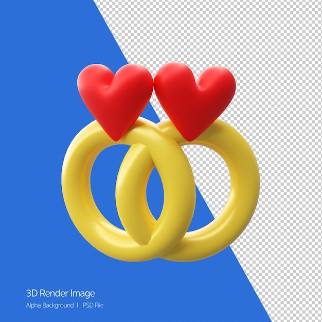 PSD 3d render ilustração de dois anéis de casamento e corações vermelhos isolados