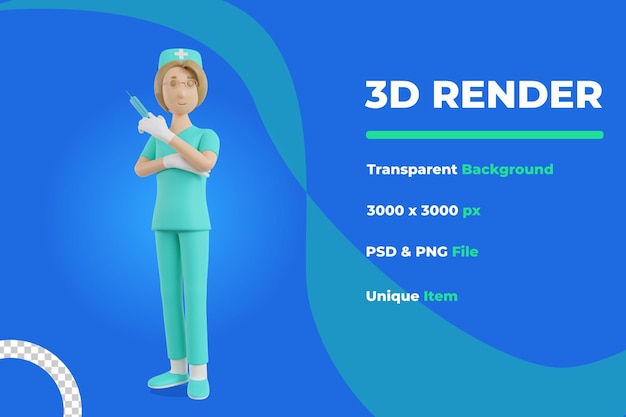 3d render ilustração de enfermeira com injeção médica