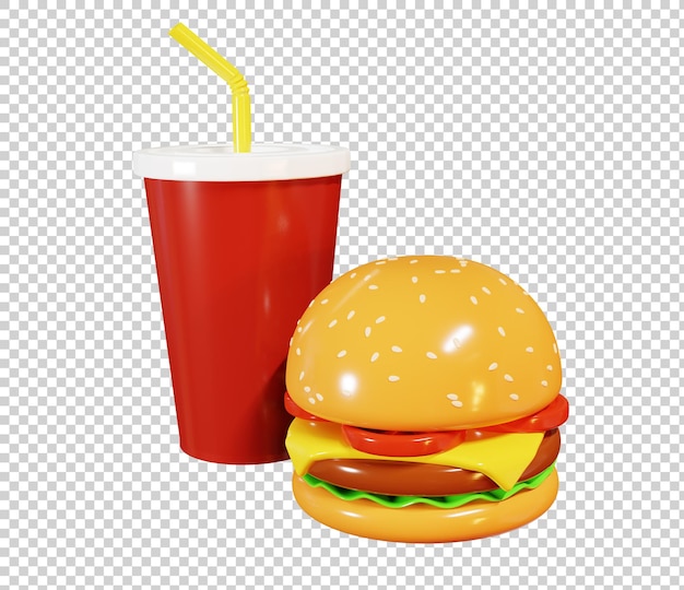 3d render ilustração de hambúrguer e refrigerante isolado
