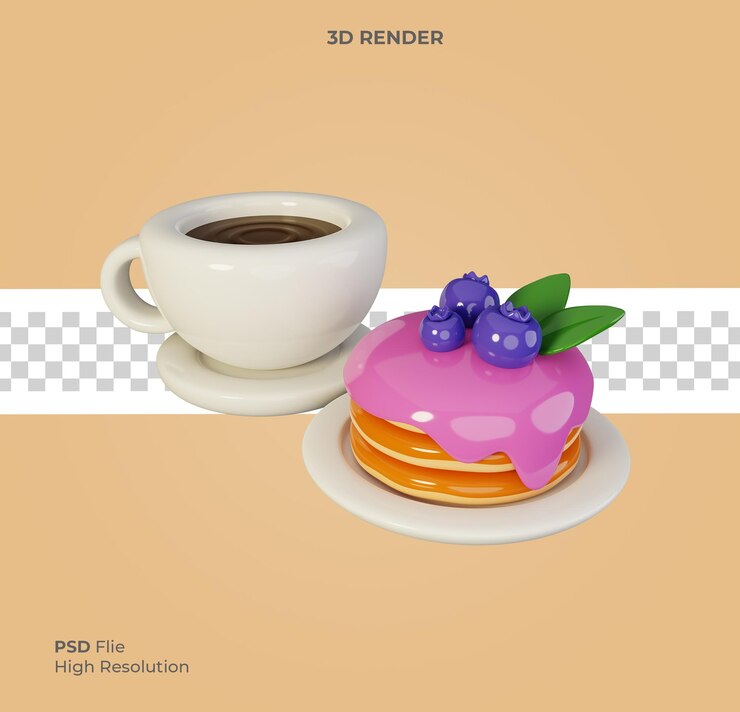 PSD 3d render ilustração de panquecas de café da manhã com mirtilos e uma xícara de café isolado