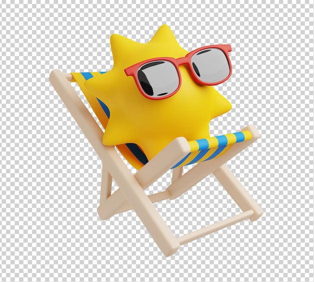 PSD 3d render ilustração do sol usando óculos escuros deitado na cadeira de praia isolado ícone de viagem