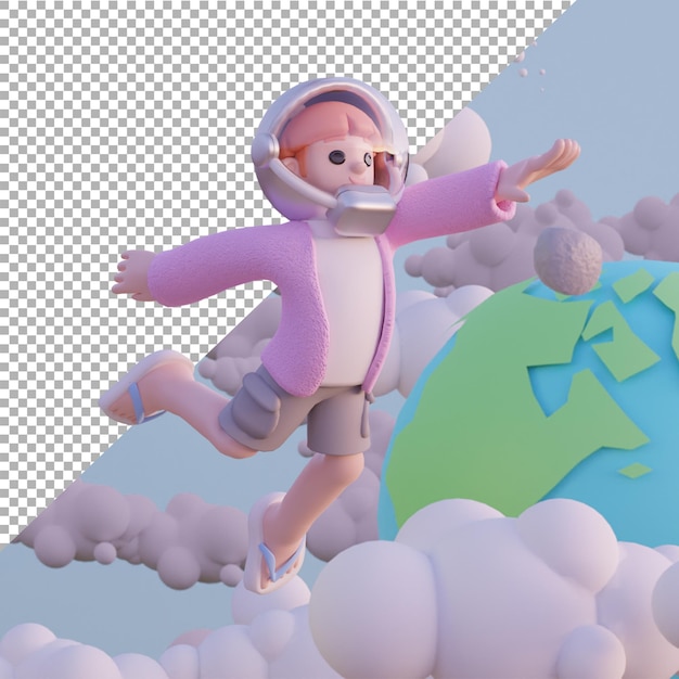 3d render ilustração garota rosa flutuando desenho de astronauta