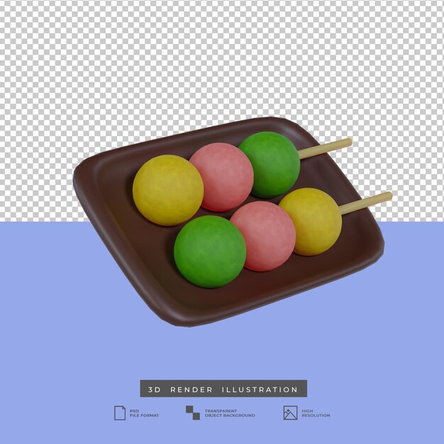 3d render ilustração japonesa tradicional lanche hanami dango isolado