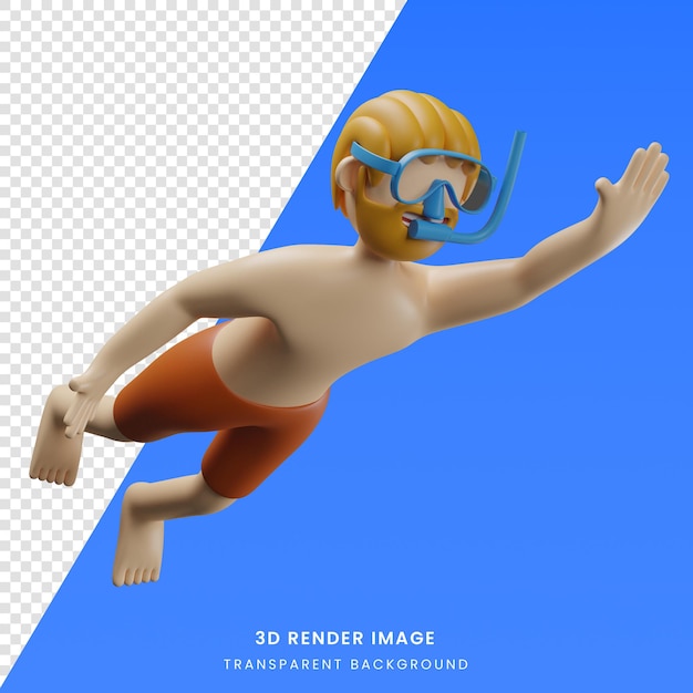 3D render ilustração personagem de desenho animado de homem nadador nadando