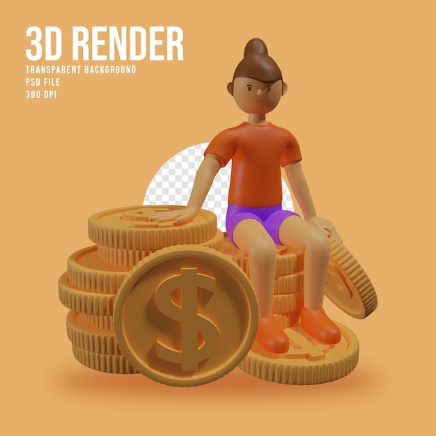 3d render ilustração personagem fofa com moeda de dólar