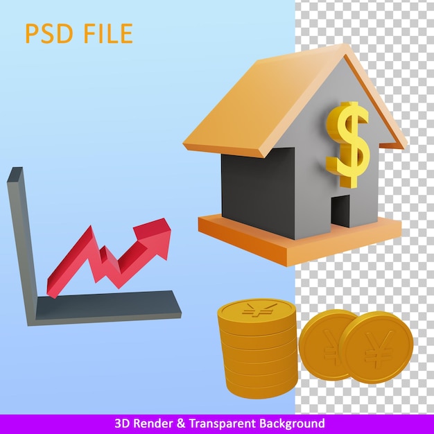 PSD 3d render ilustración carro moneda casa