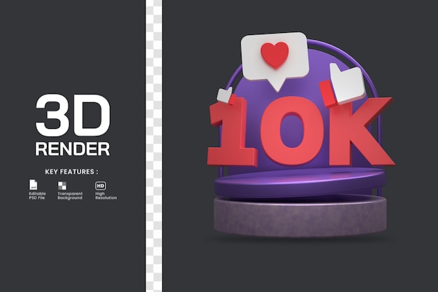 3d render ilustración celebración de 10k seguidores con podio aislado.