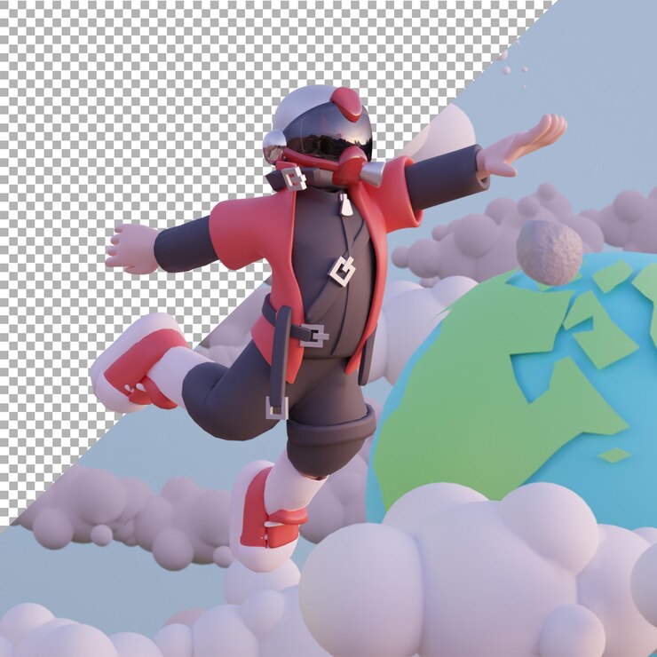 PSD 3d render ilustración cyberpunk astronout flotante dibujos animados