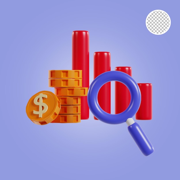 3D Render ilustración de disminución de la búsqueda de datos de dinero