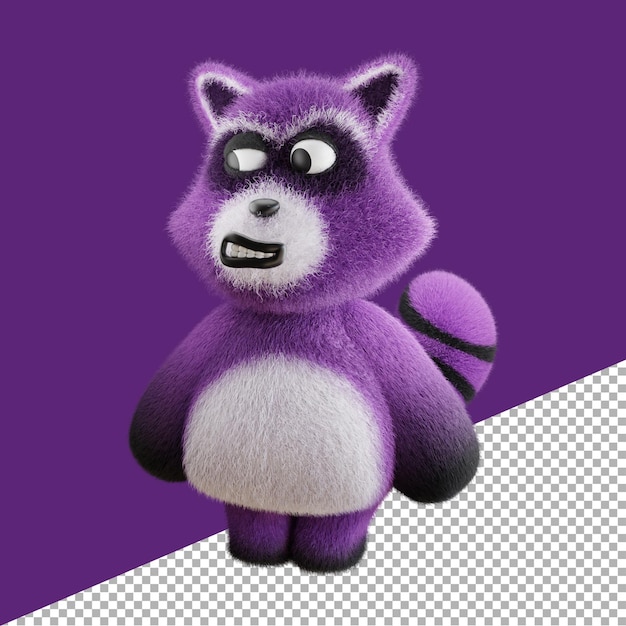3D Render ilustración enojado púrpura mapache animal dibujos animados
