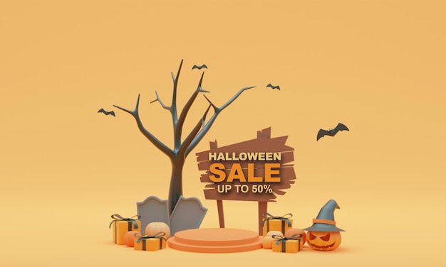 3d render ilustración fondo stand venta de calabaza de halloween