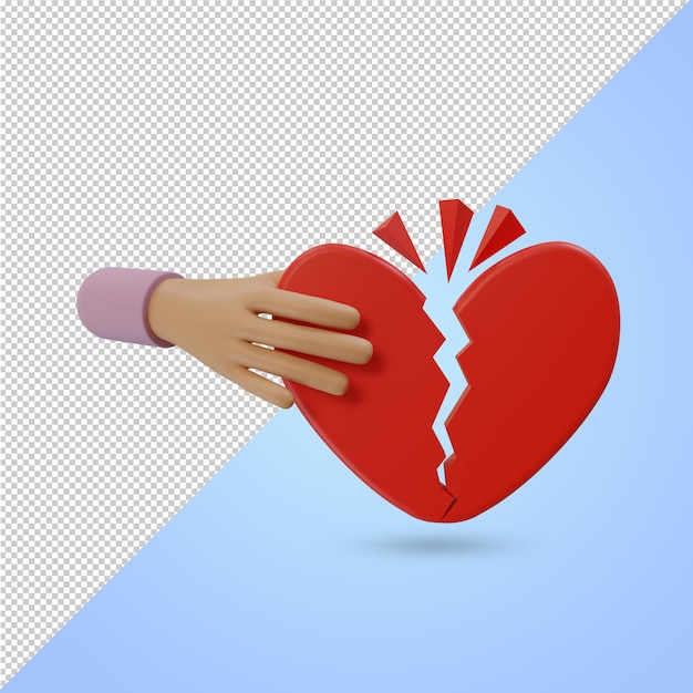 PSD 3d render ilustración del icono de una mano tomando un corazón roto