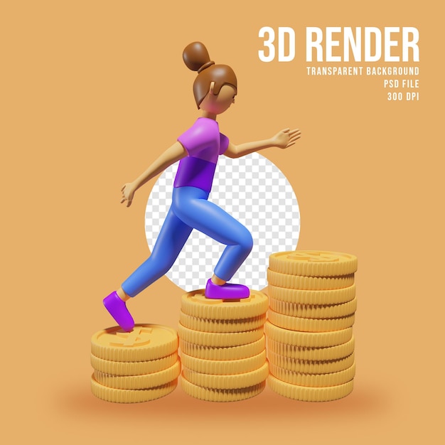 3D Render ilustración lindo personaje con moneda de dólar