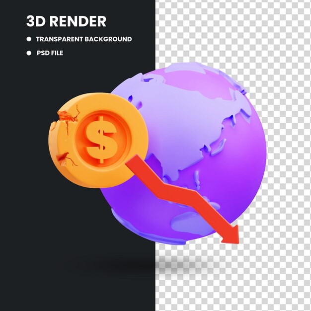 PSD 3d render ilustración de la moneda y el icono del globo relacionado con la crisis de la recesión mundial