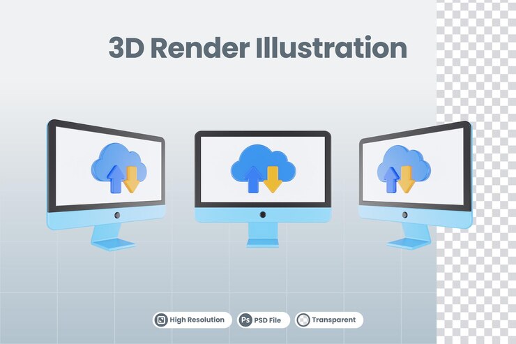PSD 3d render ilustración monitor de computadora con icono de servidor en la nube aislado