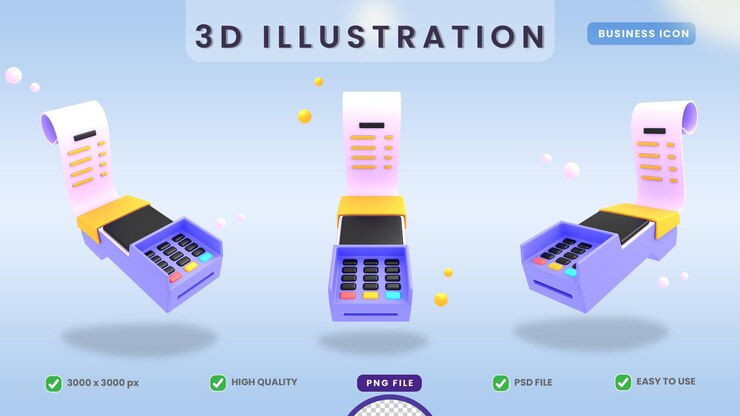 PSD 3d render ilustración pos terminal para pago de facturas premium psd