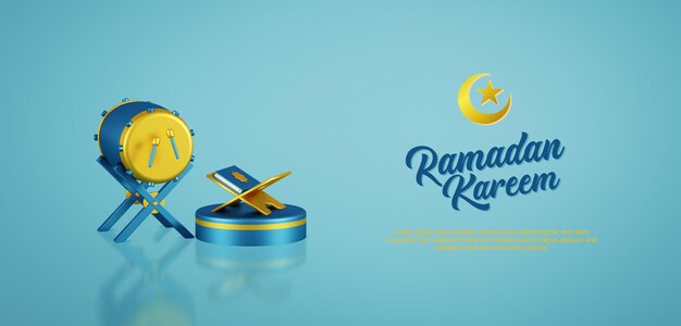 3d render ilustración saludos de ramadán con ornamento árabe tambor corán y podio redondo psd premium