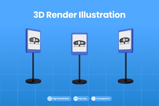 PSD 3d render ilustración señales de tráfico del campamento de caravanas