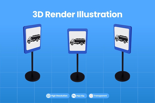 PSD 3d render ilustración señales de tráfico de dumptruck