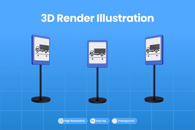 3d render ilustración señales de tráfico de la estación de camiones