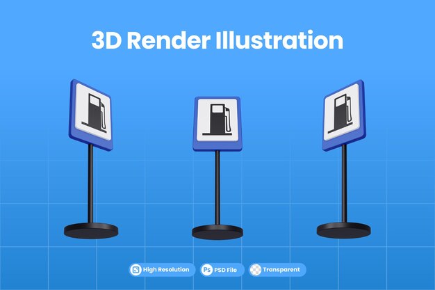 3d render ilustración señales de tráfico de gasolinera